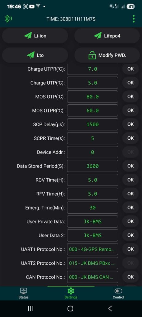 Ekran/Screen aplikacji do JK BMS