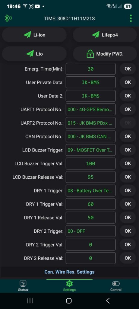 Ekran/Screen aplikacji do JK BMS